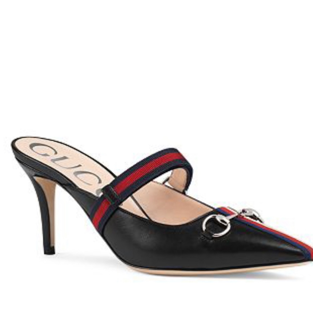 Gucci Women's Signature Web Strap Emma Horsebit Heel Mules 39 BNIB